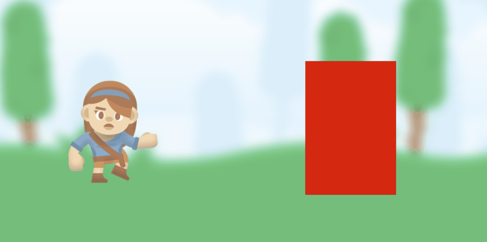 A girl running on the spot next to a solid red rectangle.